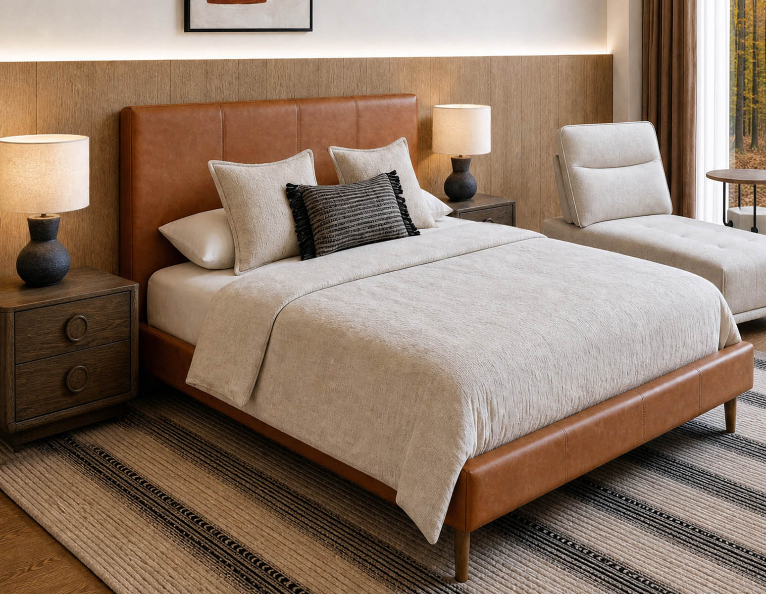 JAVIER — Mid-century modern 100% leather queen size bed (64-99-88-31) - Image 11