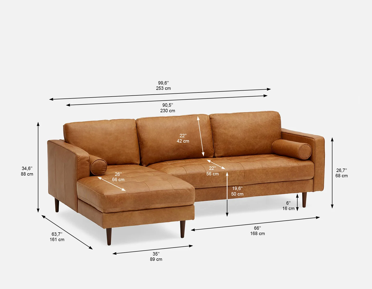 KINSEY — Mid-century modern left-facing 100% leather sectional sofa - Image 11