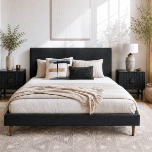 JAVIER — Mid-century modern 100% leather queen size bed (64-99-88-20)