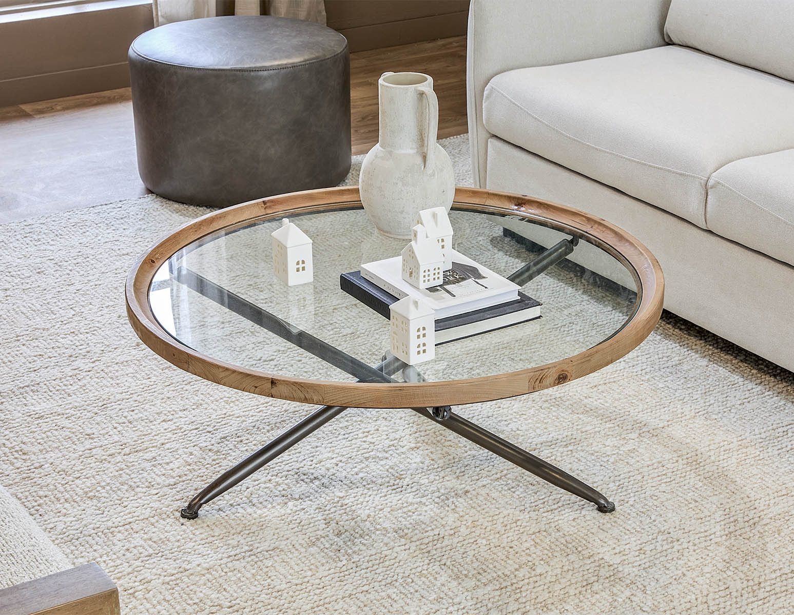 KAY — Fir wood coffee table with tempered glass top 100 cm (45-27-12-42)