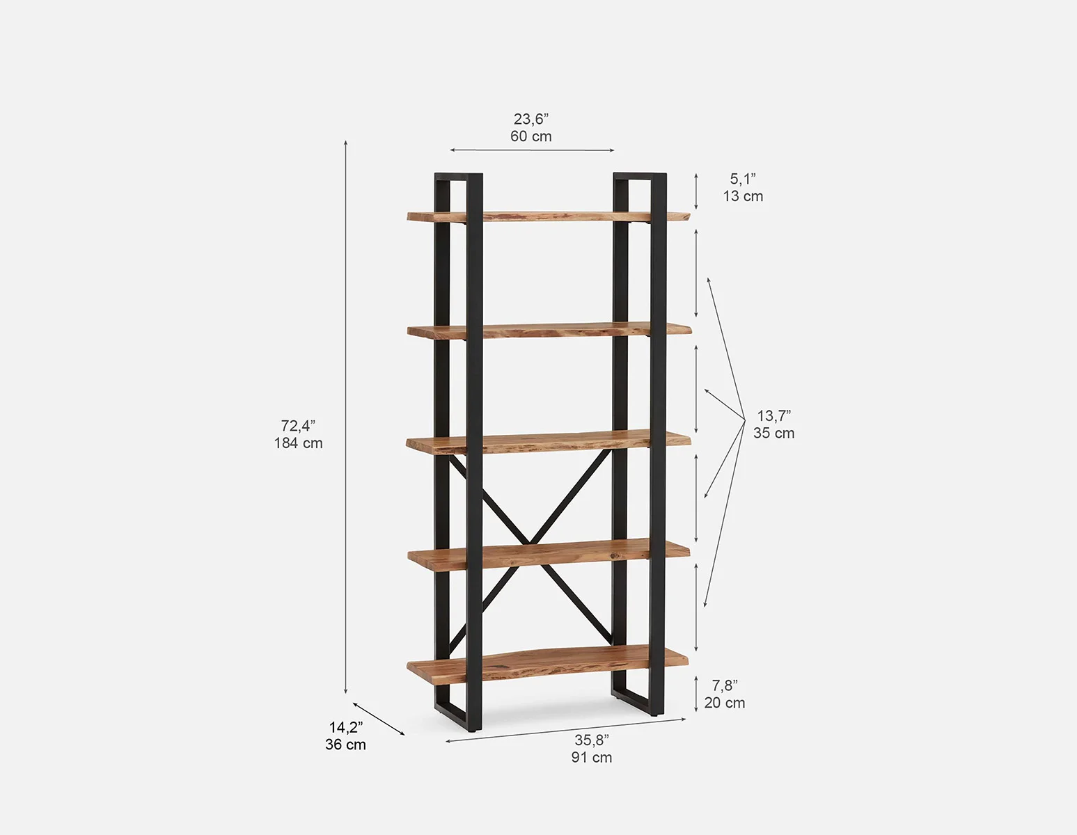 RENO — Acacia wood 5-tier bookcase - Image 11