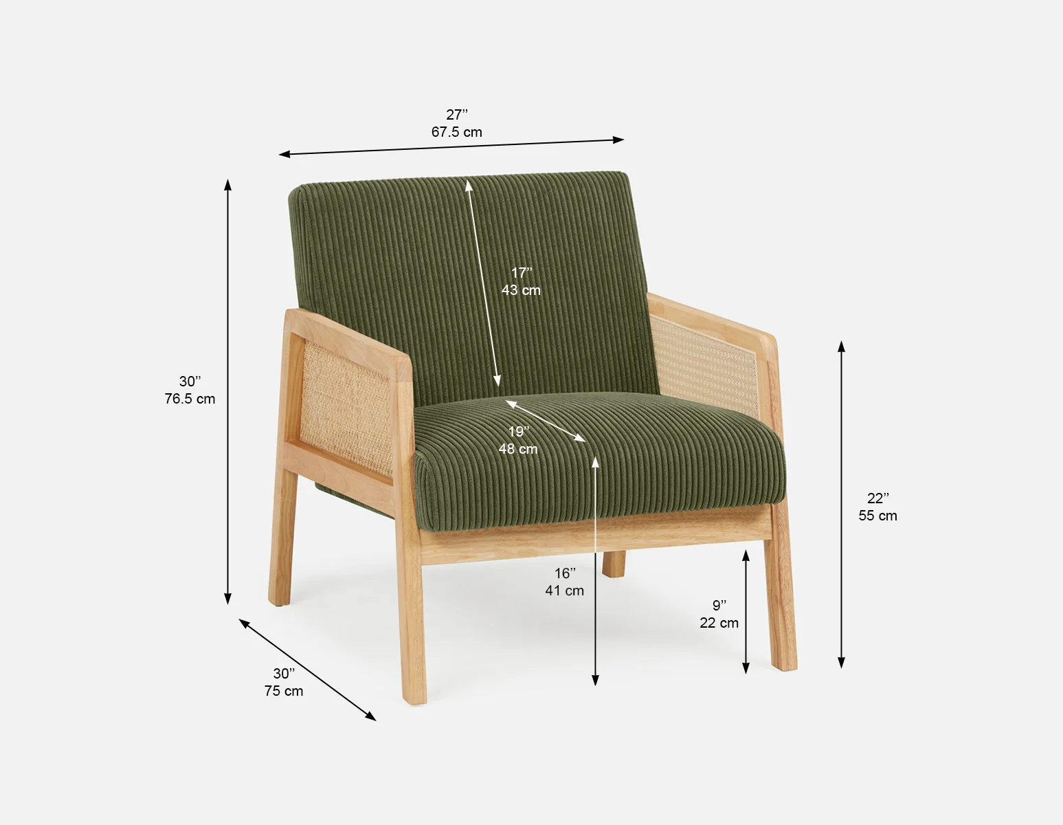 BECKETT — Armchair with corduroy and rattan accents (58-39-40-84) - Image 11