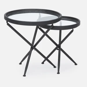 KAY — Set of 2 fir wood nesting tables with tempered glass tops (45-60-44-20)