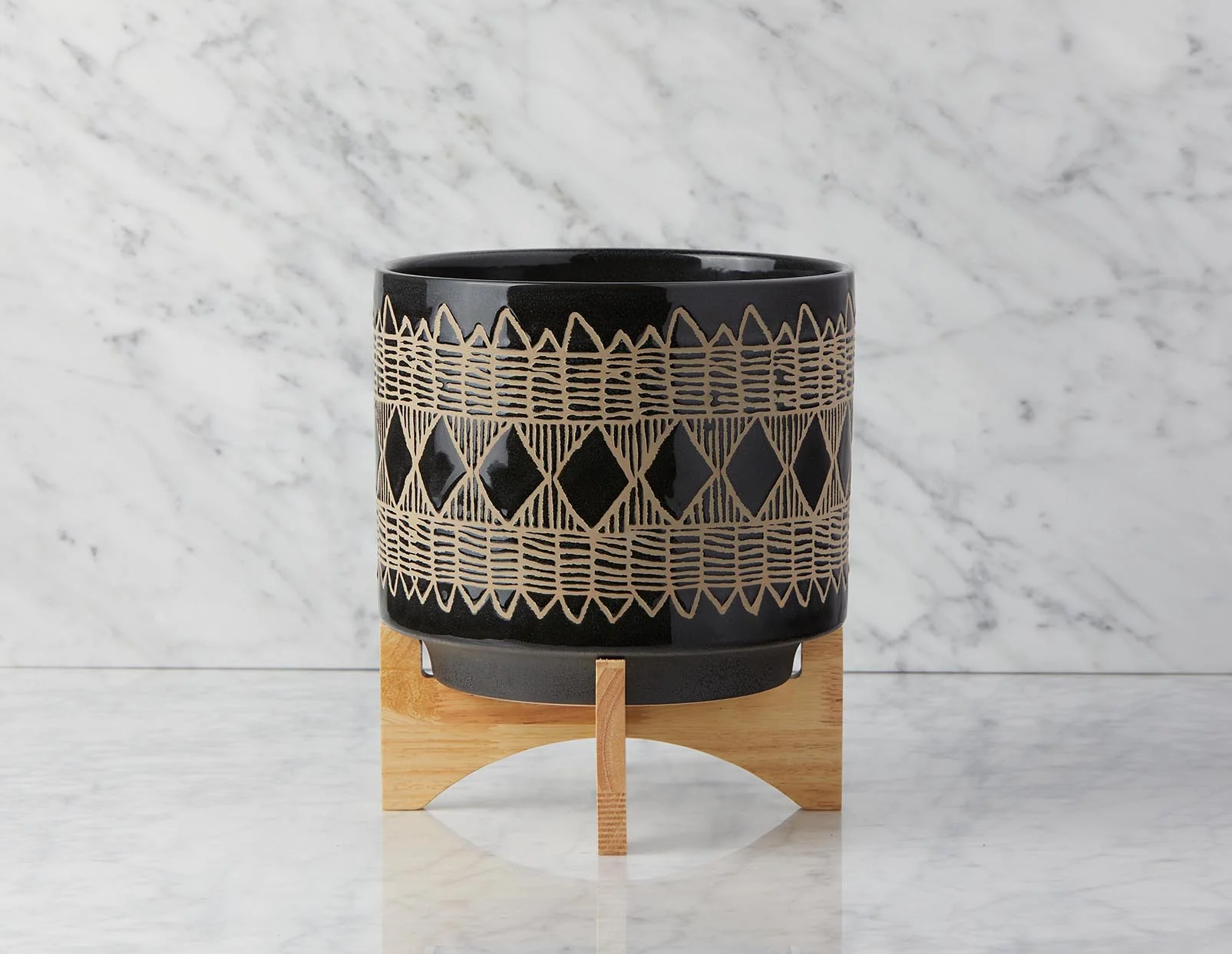 ADEN — Ceramic pot with wood stand 29 cm - Image 2