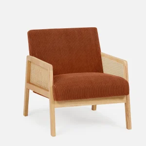 BECKETT — Armchair with corduroy and rattan accents (58-39-40-45)