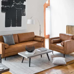 KINSEY — Mid-century modern 100% leather 3-seater sofa (94-25-26-49)