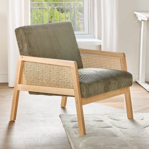 BECKETT — Armchair with corduroy and rattan accents (58-39-40-84)