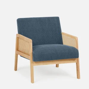 BECKETT — Armchair with corduroy and rattan accents (58-39-40-60)
