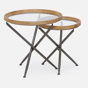 KAY — Set of 2 fir wood nesting tables with tempered glass tops (45-60-44-42-D)