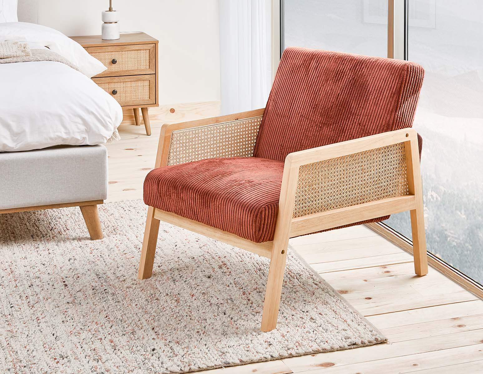 BECKETT — Armchair with corduroy and rattan accents (58-39-40-45) - Image 11