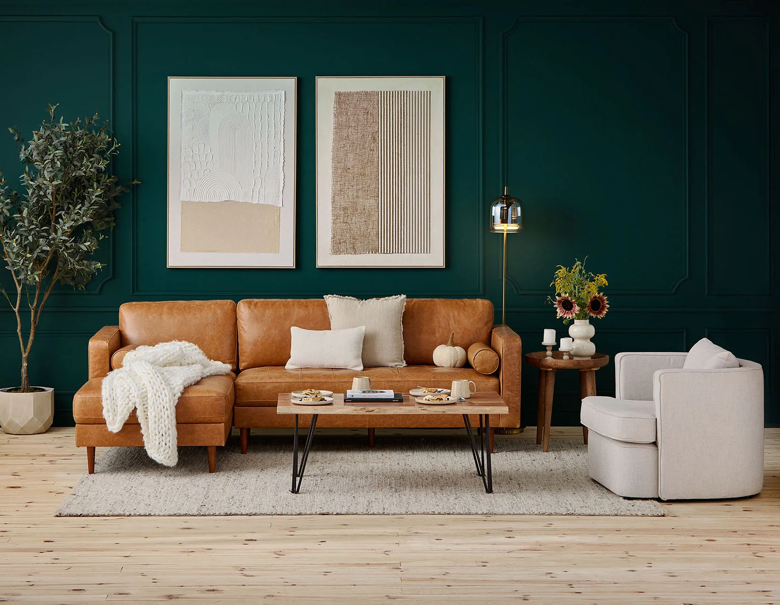 KINSEY — Mid-century modern left-facing 100% leather sectional sofa