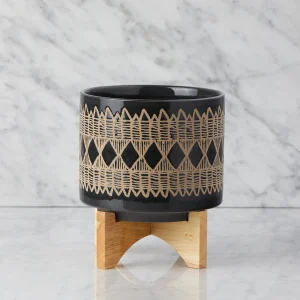 ADEN — Ceramic pot with wood stand 22 cm
