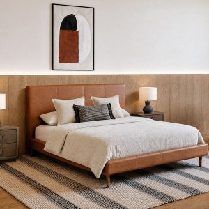 JAVIER — Mid-century modern 100% leather king size bed (95-93-52-31)