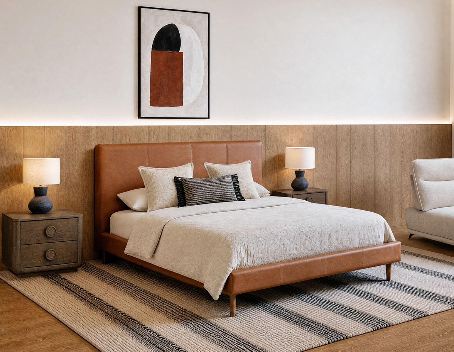 JAVIER — Mid-century modern 100% leather king size bed (95-93-52-31)