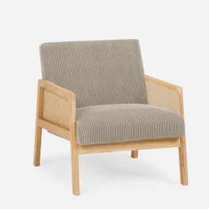 BECKETT — Armchair with corduroy and rattan accents (58-39-40-11)