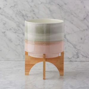 SHANE — Ceramic pot with wood stand 36 cm