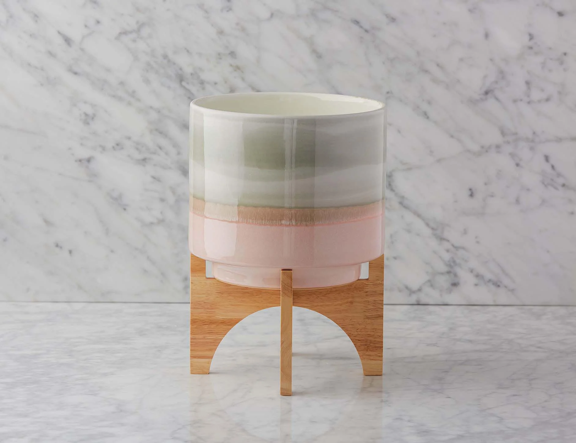 SHANE — Ceramic pot with wood stand 36 cm